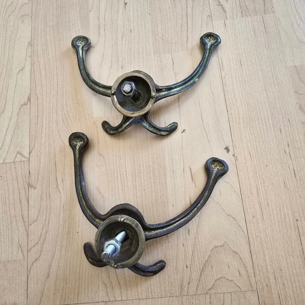Vintage Cast Metal Wall Hooks Set of 2 Ornate 4-Prong Coat Hat Rack Aged Brass